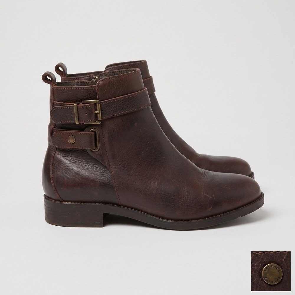 FATFACE Brown Leather Moto Ankle Boots Women US 9.5 Buckle Zip Biker Indie $210